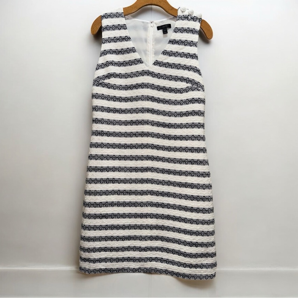 the J.Crew White and Navy Striped Tweed Sheath Dress size 6